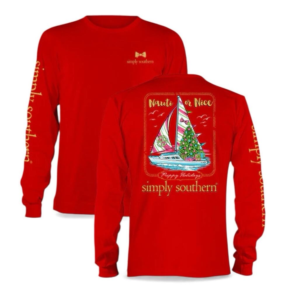 Simply Southern Shirt Womens Medium Red Nauti Or Nice Preppy Holiday Long Sleeve